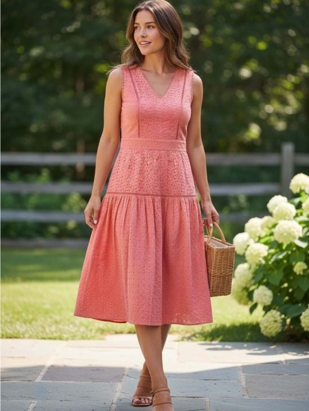 Draper James Coral Eyelet V-Neck‎ Midi Dress
